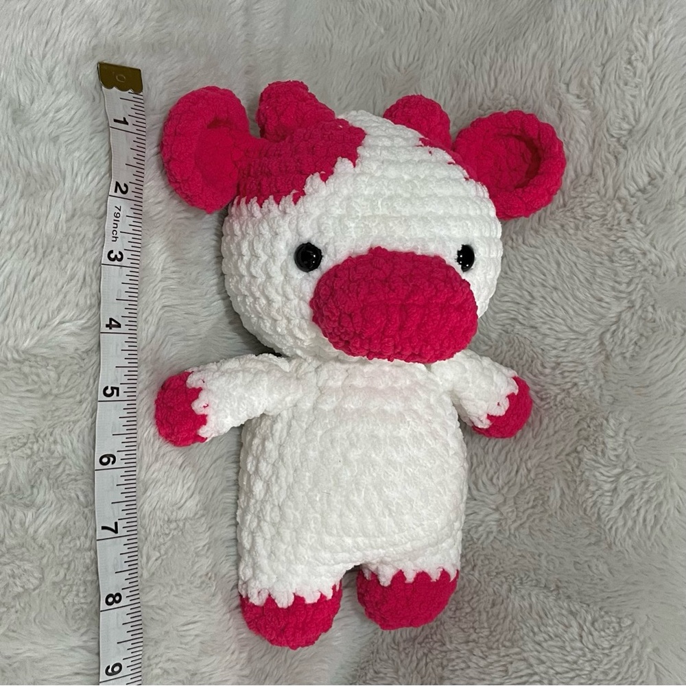 Handmade Plush Cow Stuffed Toy - White & Bright Pink - Picture 4 of 4